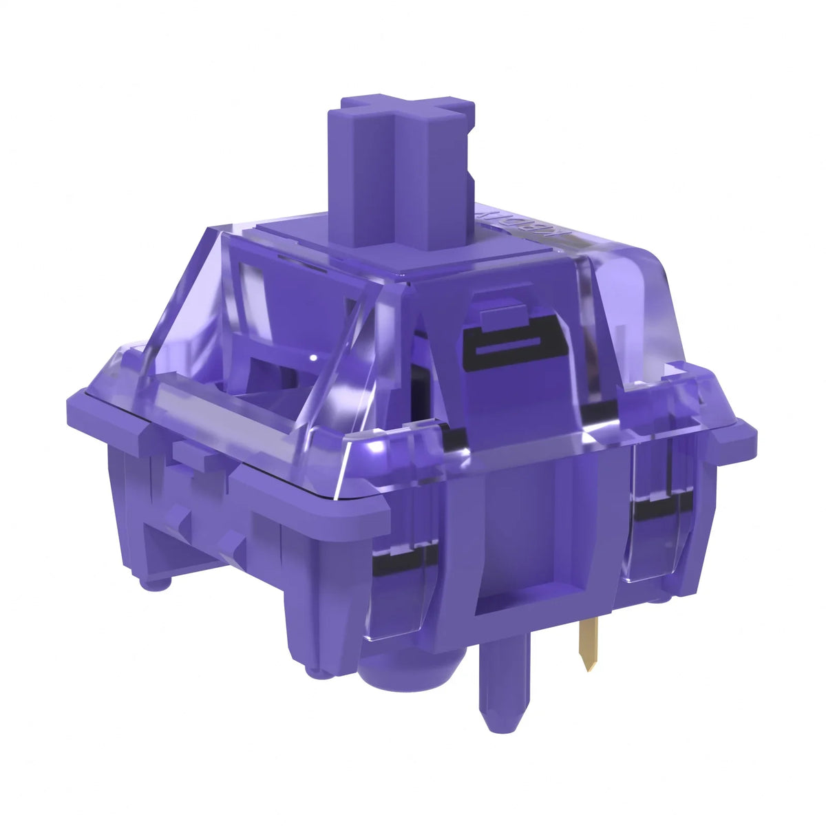 A purple linear mechanical keyboard switch housing with a top cap and visible pins.