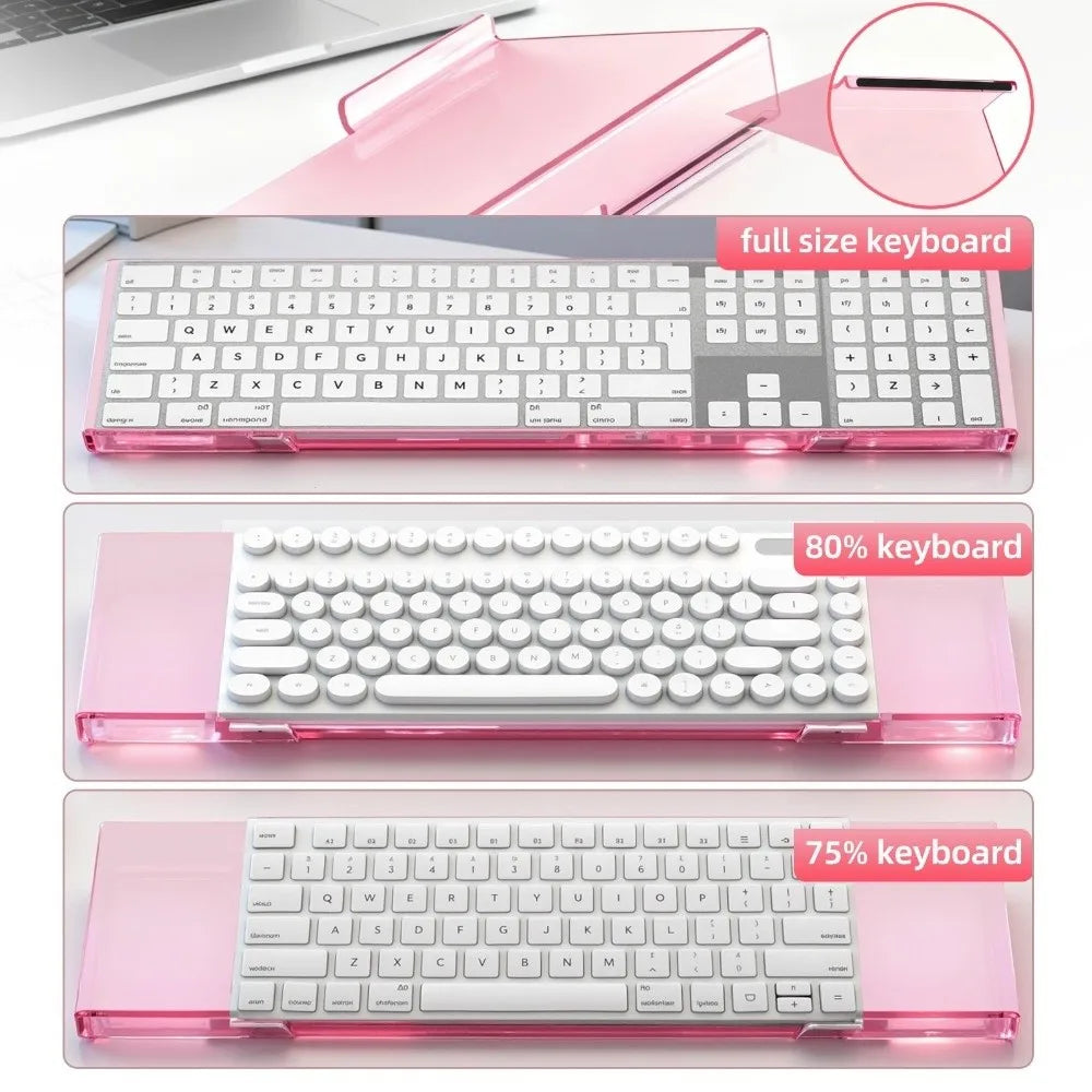 Pink acrylic keyboard riser stand showing full size, 80%, and 75% keyboard configurations.
