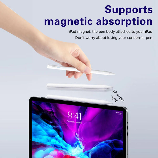Une main attache un corps de stylet pour iPad, démontrant l'absorption magnétique pour une stylos à inclinaison de précision.