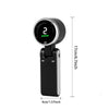 Ventilador portátil negro de mano con pantalla LED que muestra el nivel de velocidad.