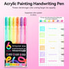 A set of six colored acrylic painting handwriting pens with various colors listed on a grid.