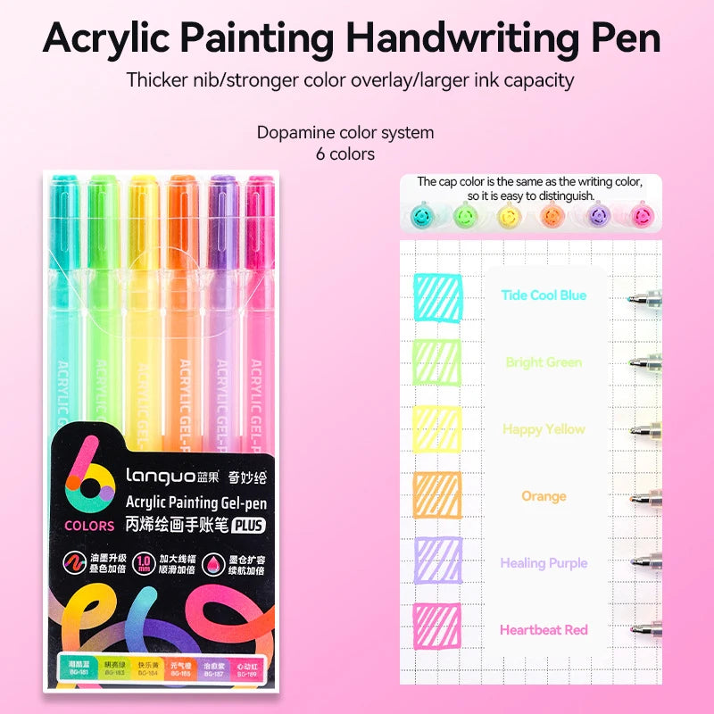 A set of six colored acrylic painting handwriting pens with various colors listed on a grid.