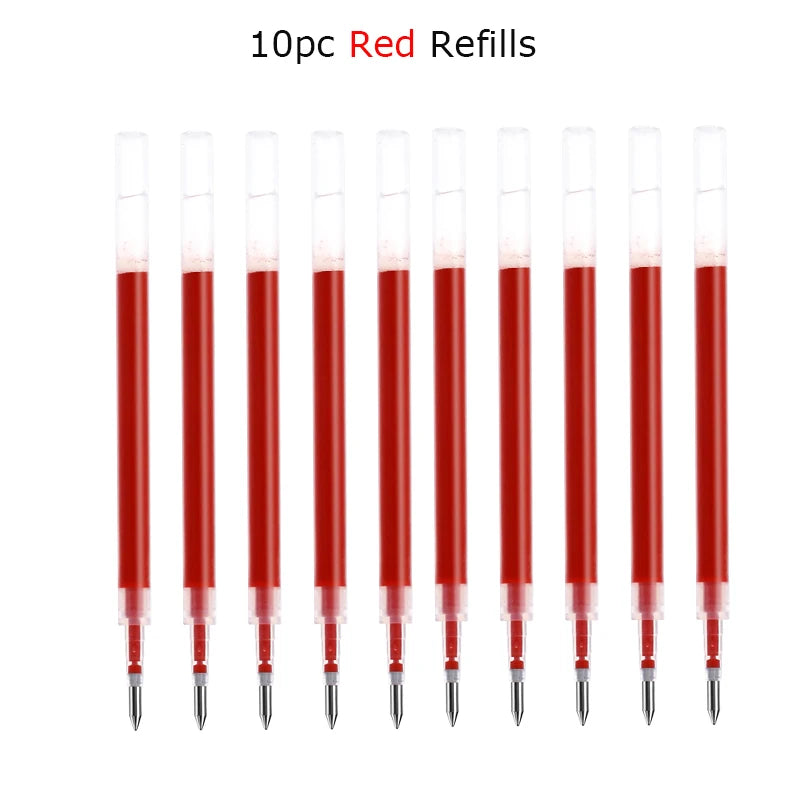 A set of ten red refills for a smooth gel pen with a quick-drying tip.