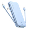 A light blue portable charger with built-in cables and a wall plug is shown.