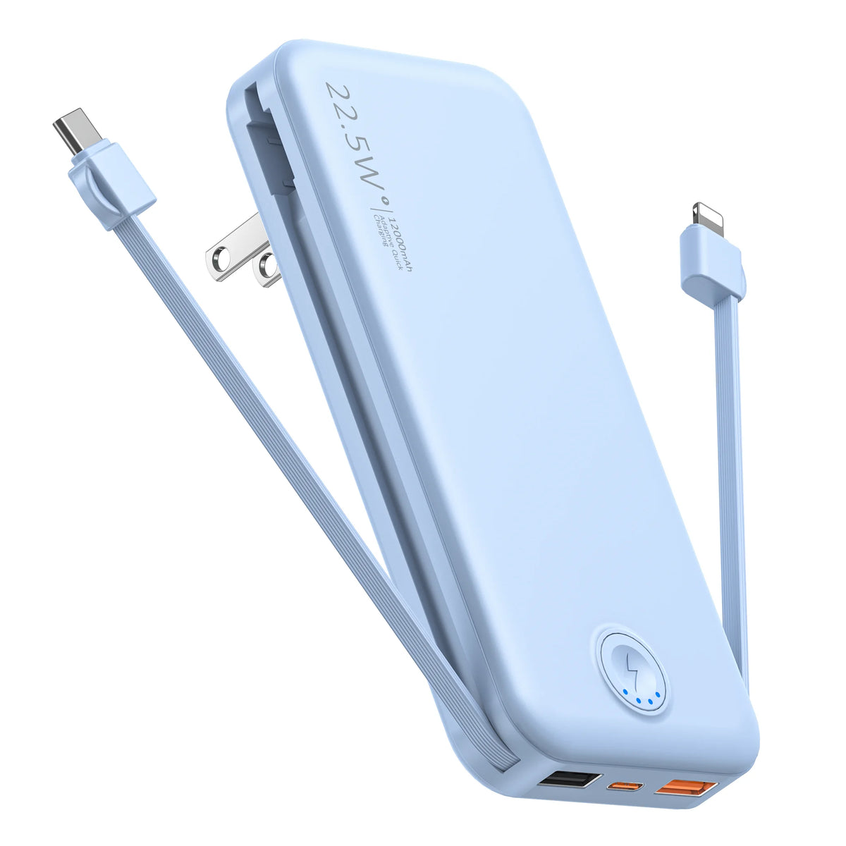 A light blue portable charger with built-in cables and a wall plug is shown.