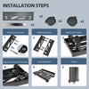 Installation steps showing how to assemble an adjustable mobile CPU stand with caster wheels.