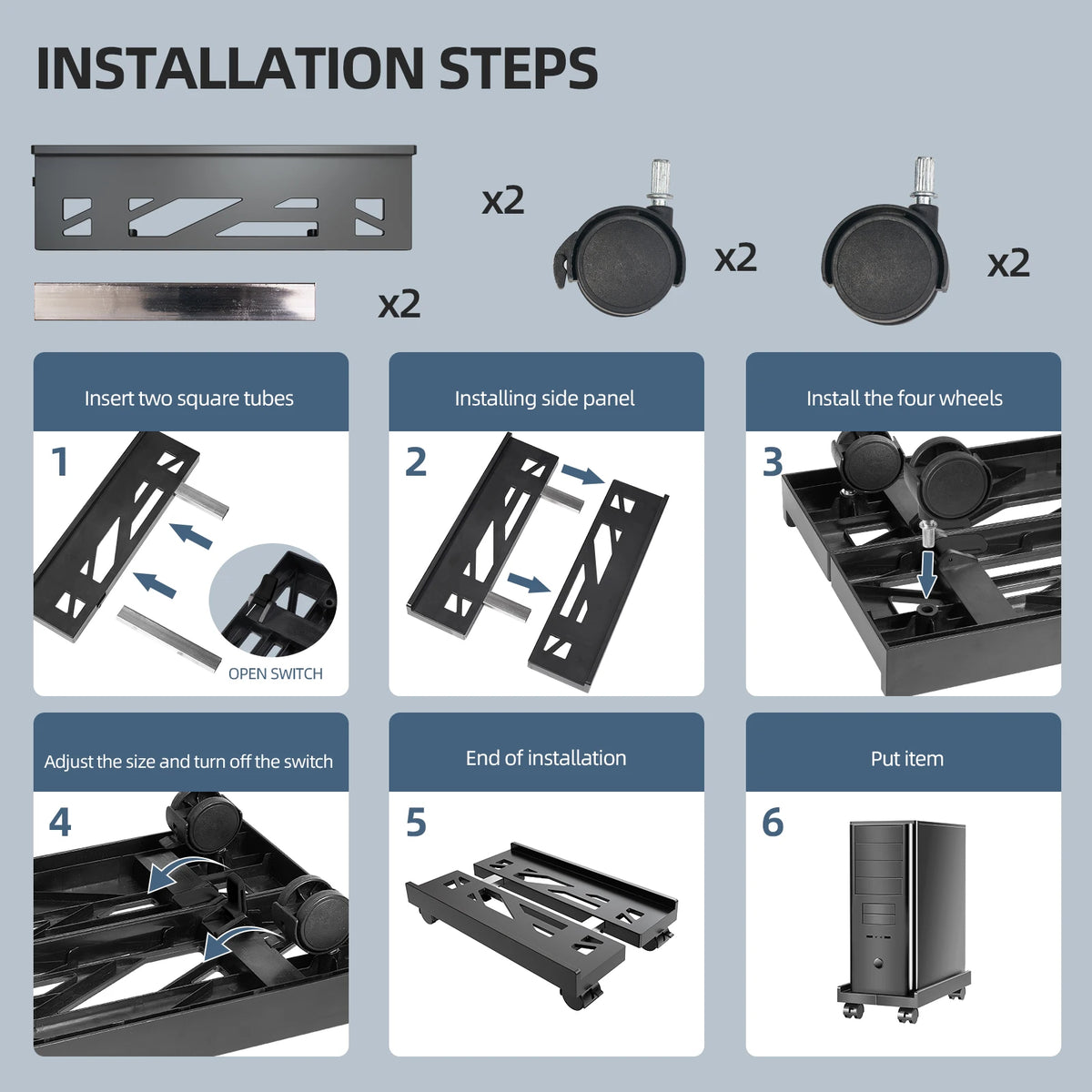 Installation steps showing how to assemble an adjustable mobile CPU stand with caster wheels.