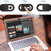 A hand operates a privacy webcam shutter slider on a laptop, demonstrating open, slide, and close positions.