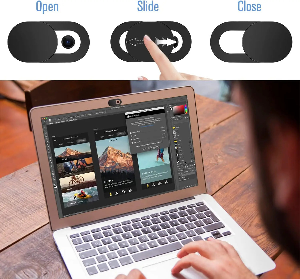 A hand operates a privacy webcam shutter slider on a laptop, demonstrating open, slide, and close positions.