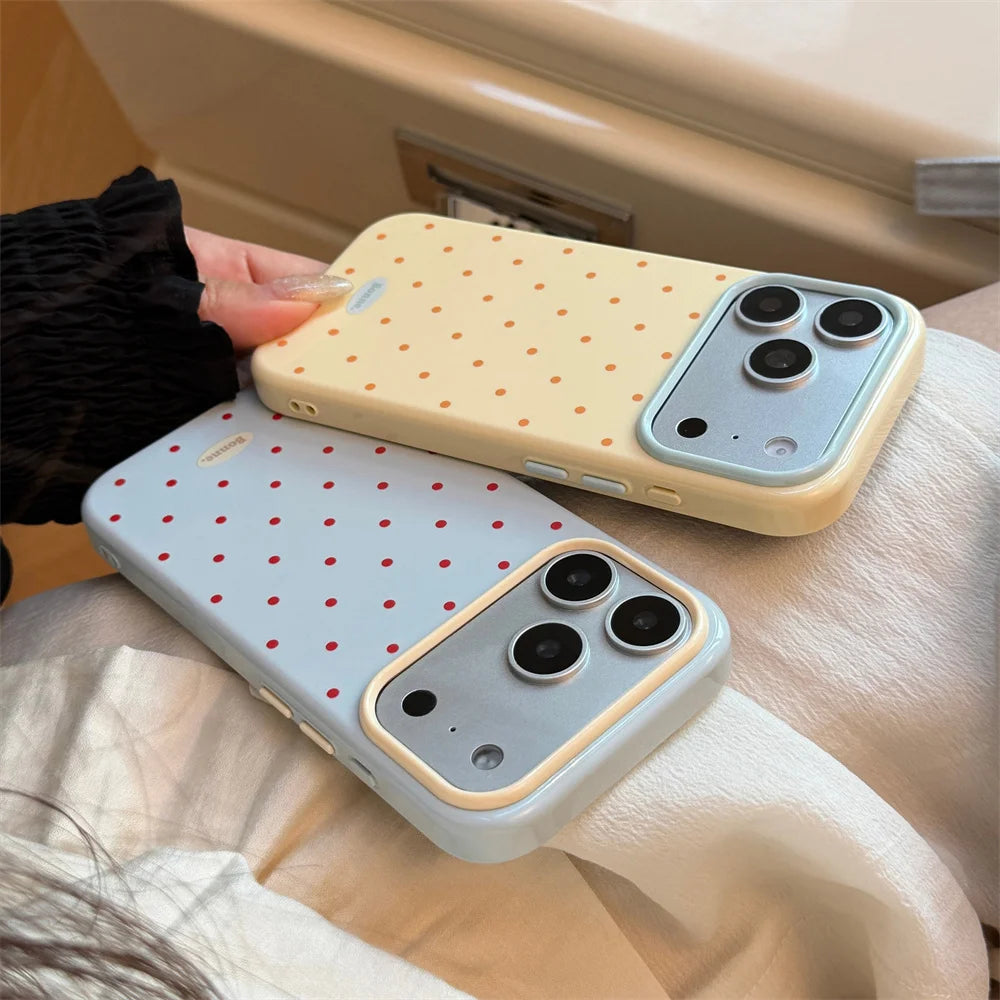 A light yellow phone case with orange polka dots and a clear silicone shockproof cover is shown next to another similar case.