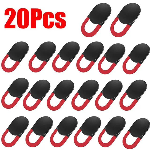 A set of 20 black camera privacy sliders with red accents for mobile and laptop cameras.
