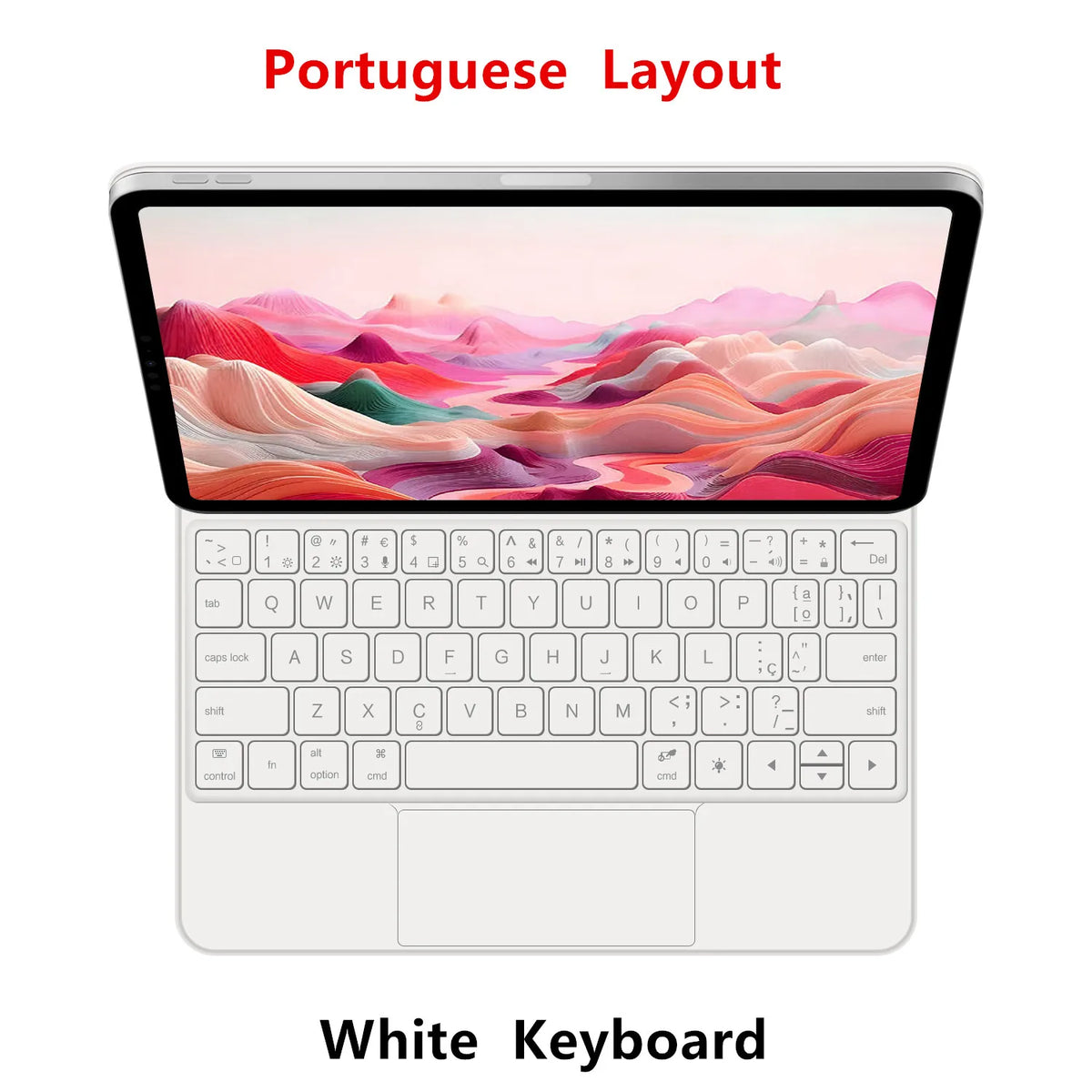 Clavier magnétique flottant blanc pour iPad avec disposition portugaise et fond de paysage montagneux coloré