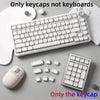 A set of white keycaps and a mouse are displayed on a gray surface, emphasizing only the keycaps.
