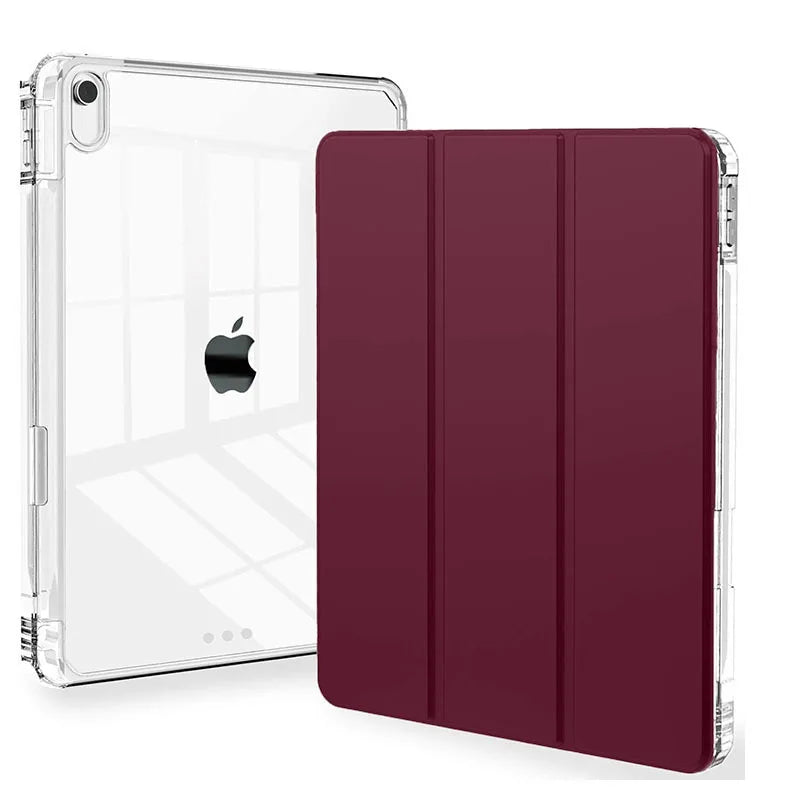 A maroon protective case for an Apple iPad, shown in a transparent cover and a solid colored sleeve.