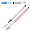 Un set de dos bolígrafos stylus universales 2 en 1, uno blanco y otro oro rosa, mostrados en diagonal.