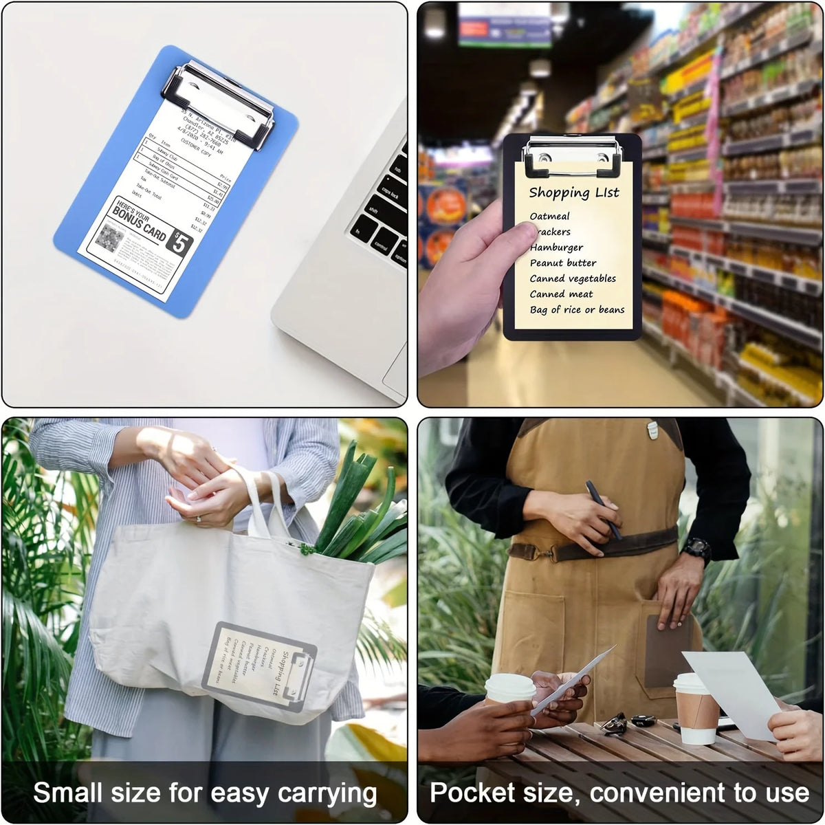 A small clipboard with a secure clip is shown next to a laptop and in a shopping bag.
