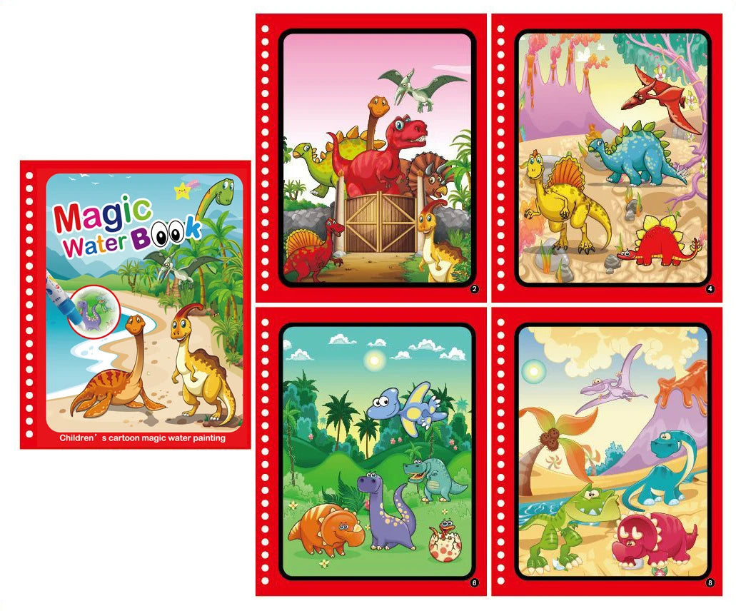 A set of five colorful illustrations featuring various dinosaurs and jungle animals for a children's magic water painting not