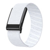 A white nylon braided strap for a fitness watch, shown on a black watch band.