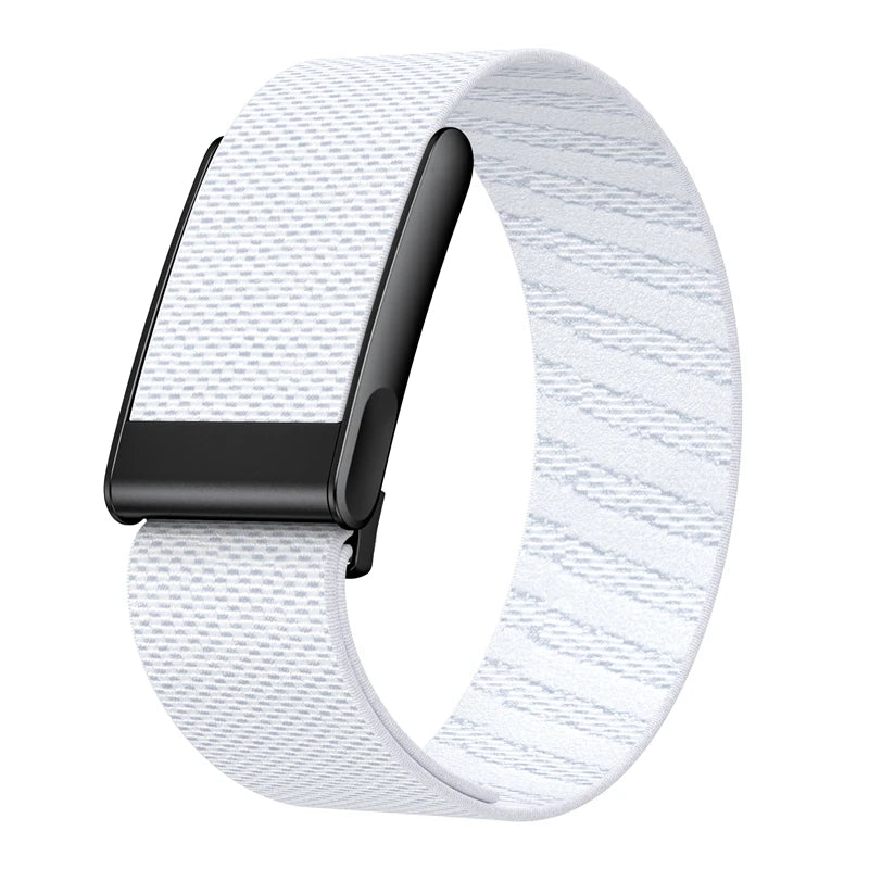 A white nylon braided strap for a fitness watch, shown on a black watch band.
