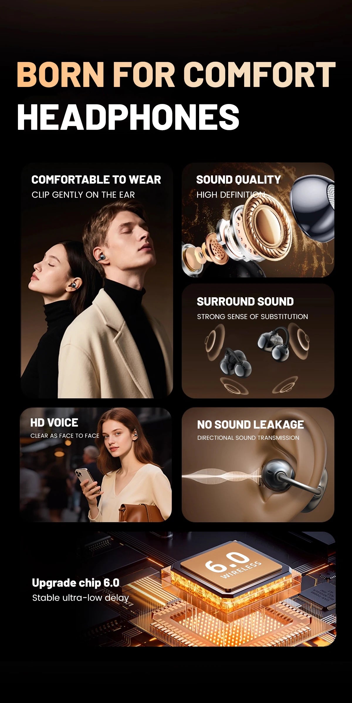 A promotional image for comfort headphones showing features like comfortable fit, sound quality, surround sound, HD voice, an