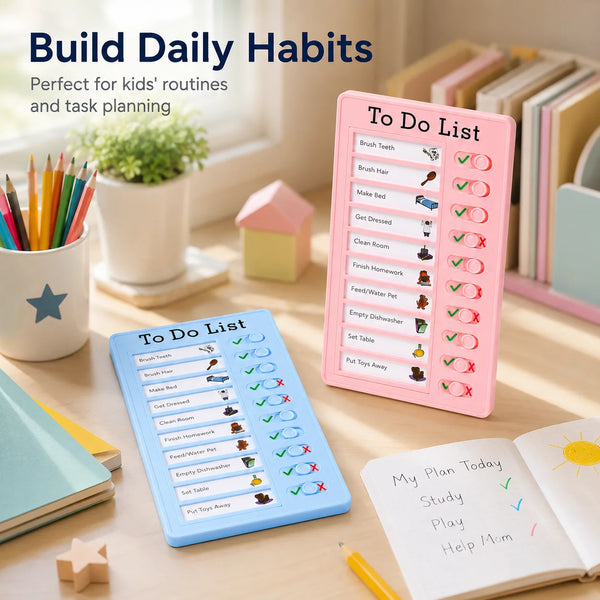 A pink to do list board and a blue to do list planner are shown next to pencils and notebooks for building daily habits.