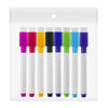 An array of eight magnetic whiteboard pens in various colors including purple, red, yellow, black, blue, green, and purple.
