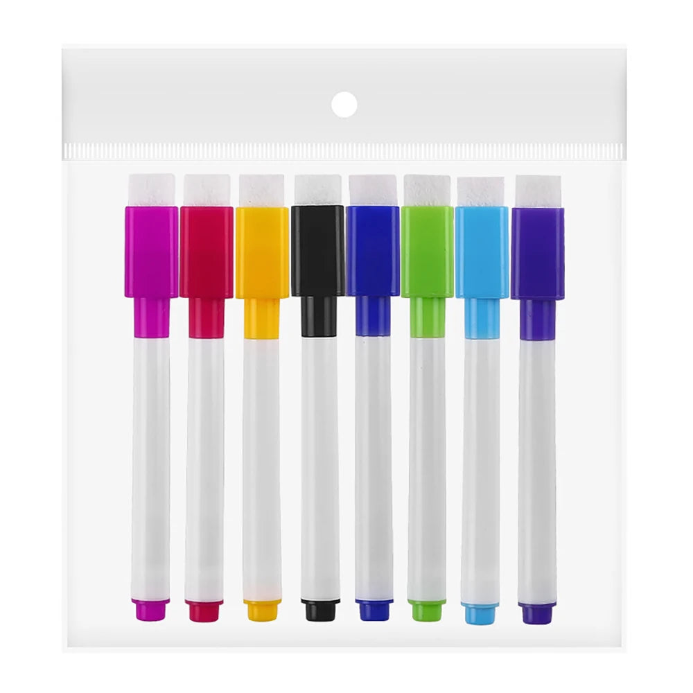An array of eight magnetic whiteboard pens in various colors including purple, red, yellow, black, blue, green, and purple.