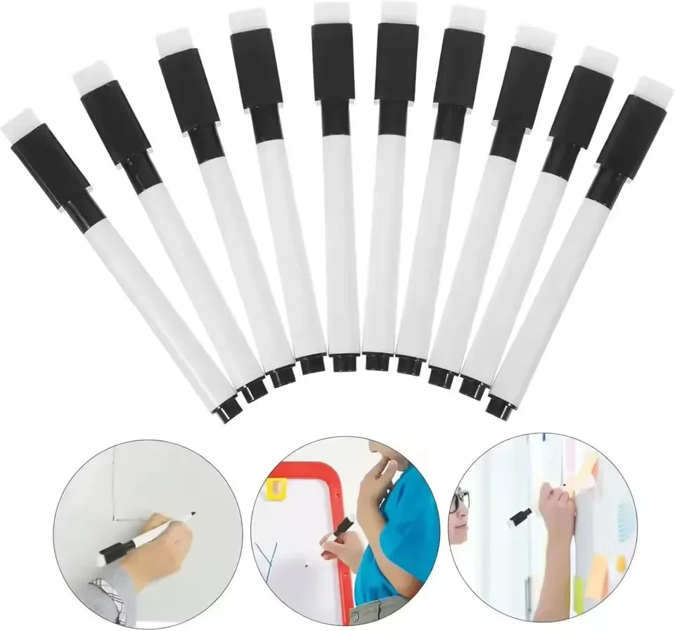 A set of dry erase markers with felt erasers shown in various angles and close-ups.