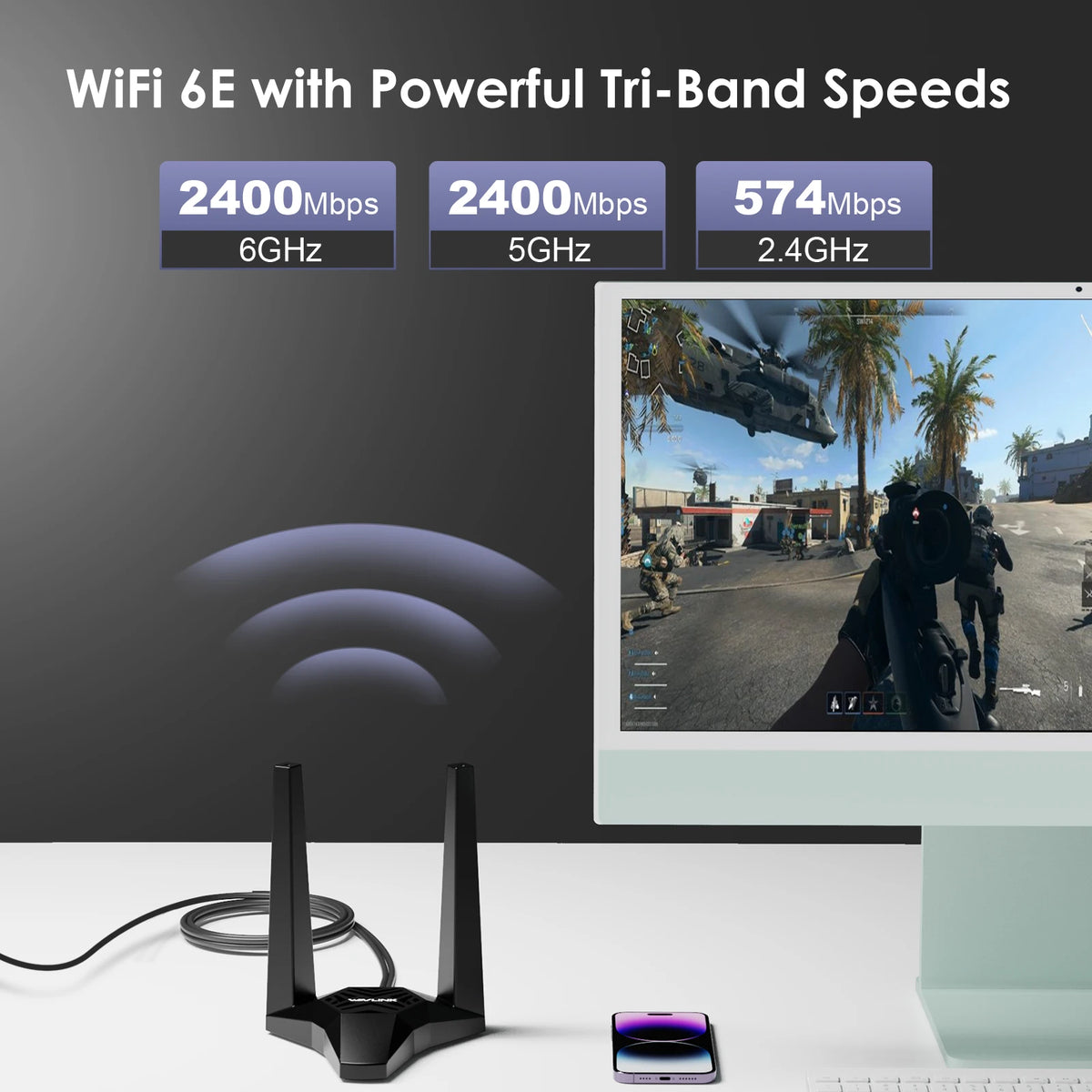 Ein Wi-Fi 6E Adapter mit Kabel, der Tri-Band-Geschwindigkeiten und Konnektivität demonstriert.