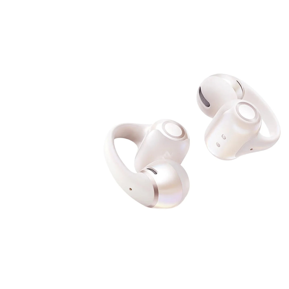 A pair of white SHOKZ Bluetooth headphones with a charging case shown from above.