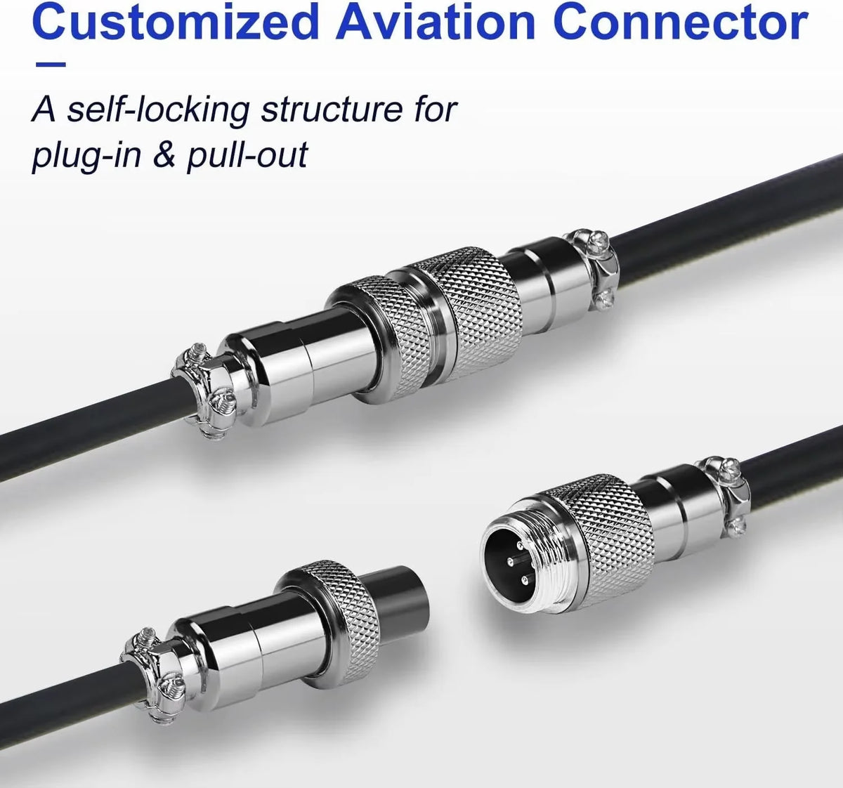 A close-up view of a customized aviation connector featuring a self-locking plug-in and pull-out structure.