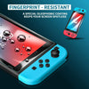A close-up view of a fingerprint-resistant tempered glass screen protector for a Nintendo Switch console.