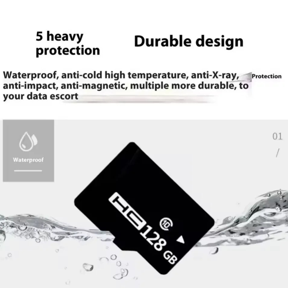 A black high capacity SD card labeled HC128 GB is shown submerged in water.