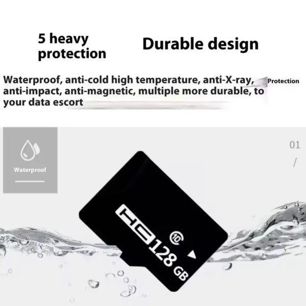 Una tarjeta SD negra de alta capacidad, HC128 GB, sumergida en agua.