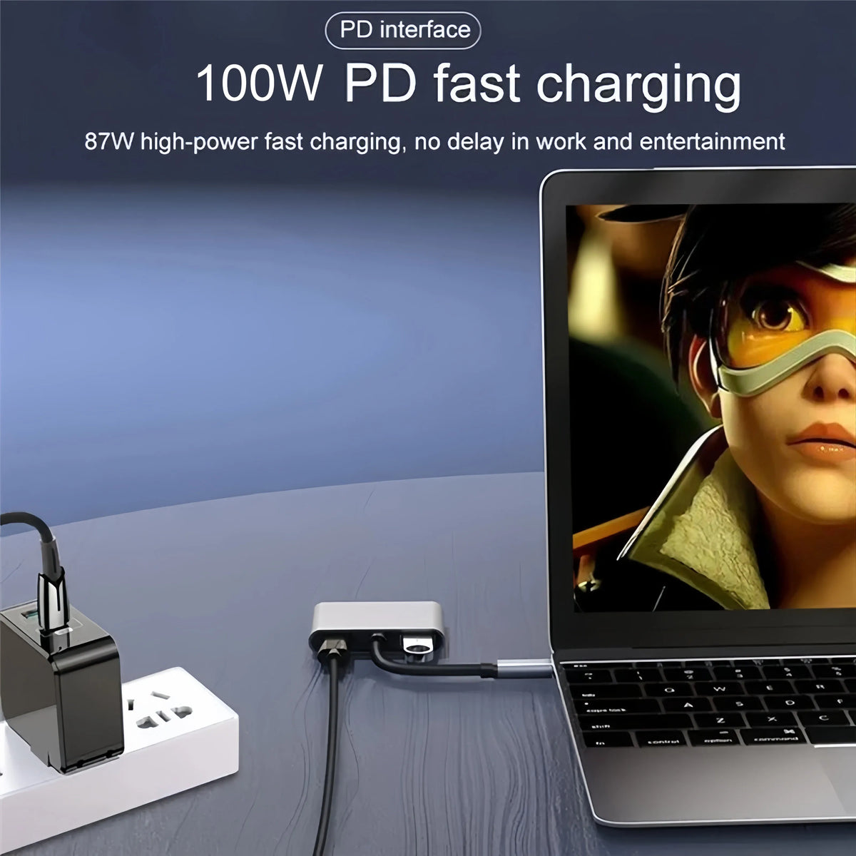 A laptop is shown connected to a 100W PD fast charging dock and cable for power delivery.