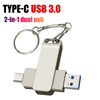 A silver 2-in-1 dual USB Type-C adapter with a keyring attached.