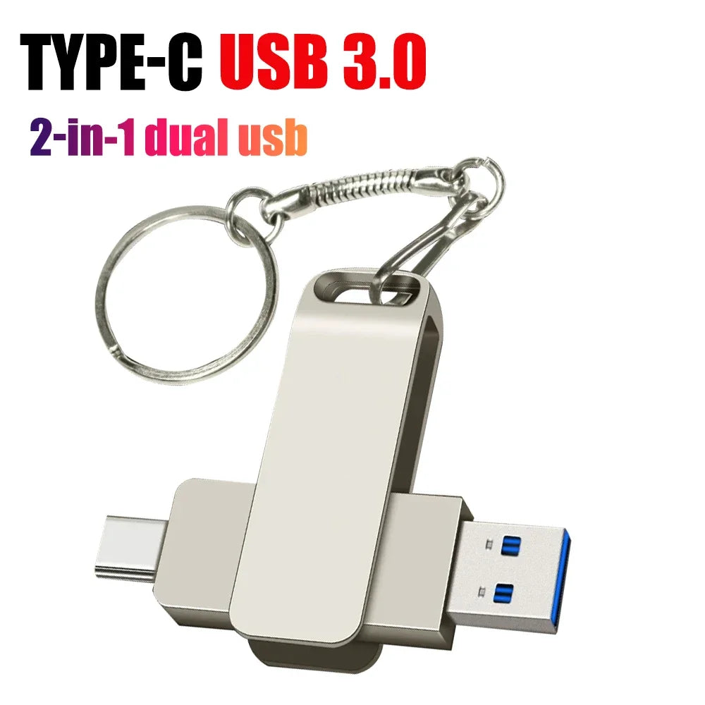 A silver 2-in-1 dual USB Type-C adapter with a keyring attached.