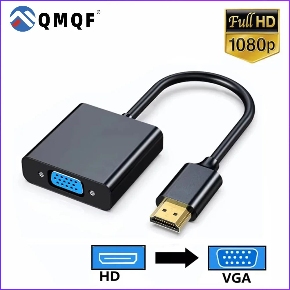 Black HDMI to VGA adapter cable with a connector for HD and VGA signals.