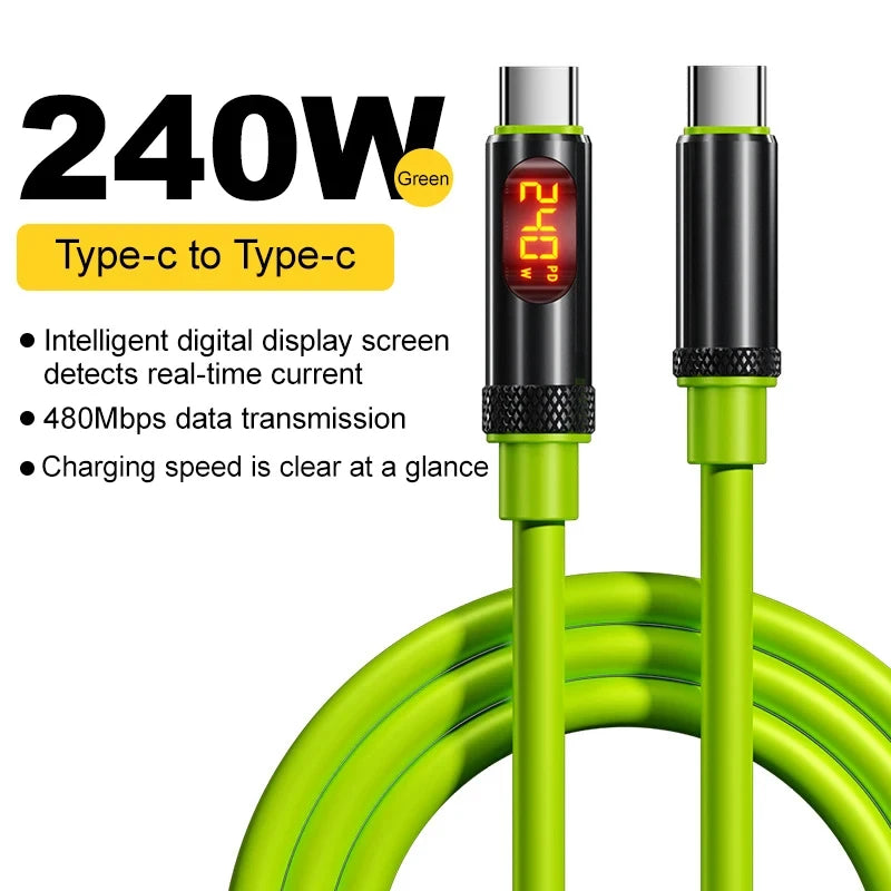 A green Type-c to Type-c charging cable with an intelligent digital display showing 240W power.