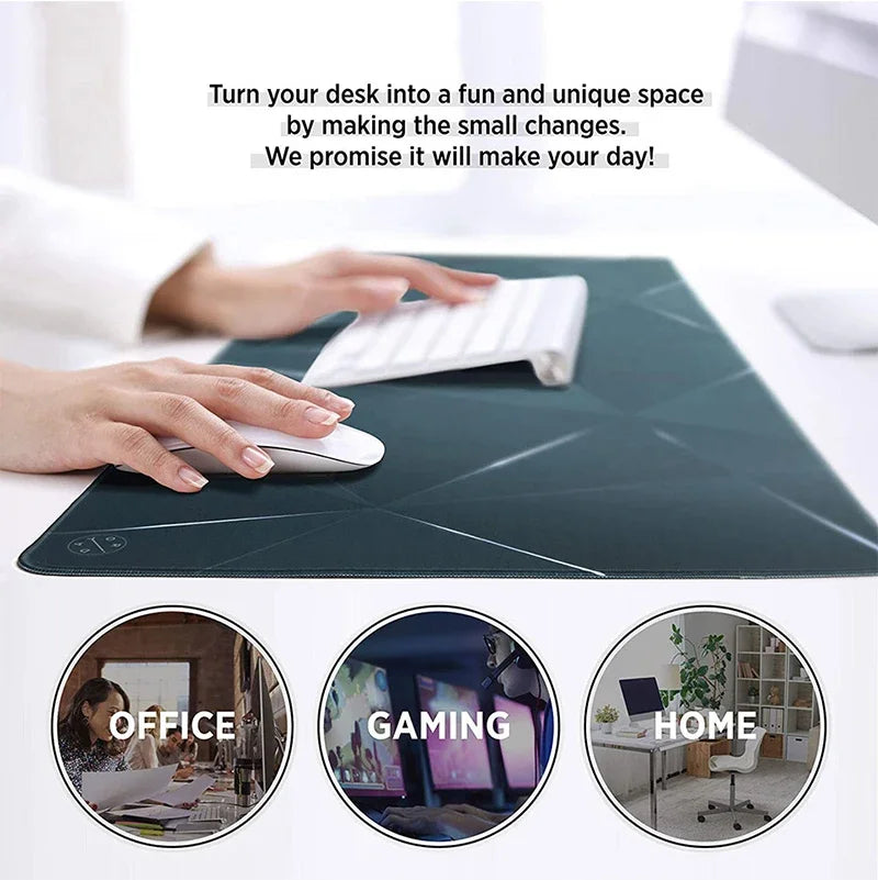 A hand is using a white computer mouse on a dark desk mat, illustrating how to turn a desk into a fun space.