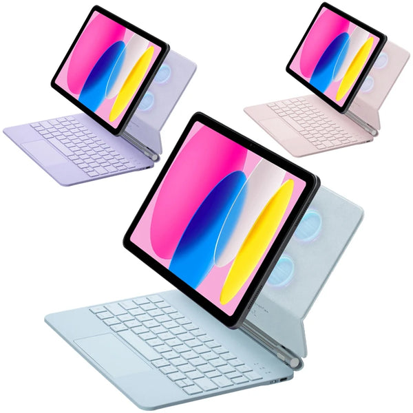 Colección de iPads y una laptop, mostrando diversas fundas y teclados de colores.
