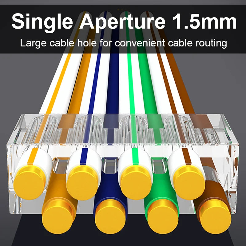 A set of single aperture 1.5mm cable routing connectors in various colors including yellow, blue, green, and brown.