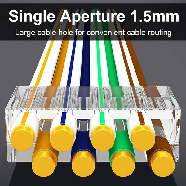 A set of single aperture 1.5mm cable routing connectors in various colors including yellow, blue, green, and brown.