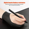 A hand wearing a black anti-smudge drawing glove holds a stylus over a digital board.