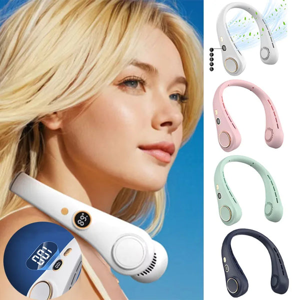 A woman is shown using a white hands-free neck fan with an LED display, alongside various pink and green versions of the prod