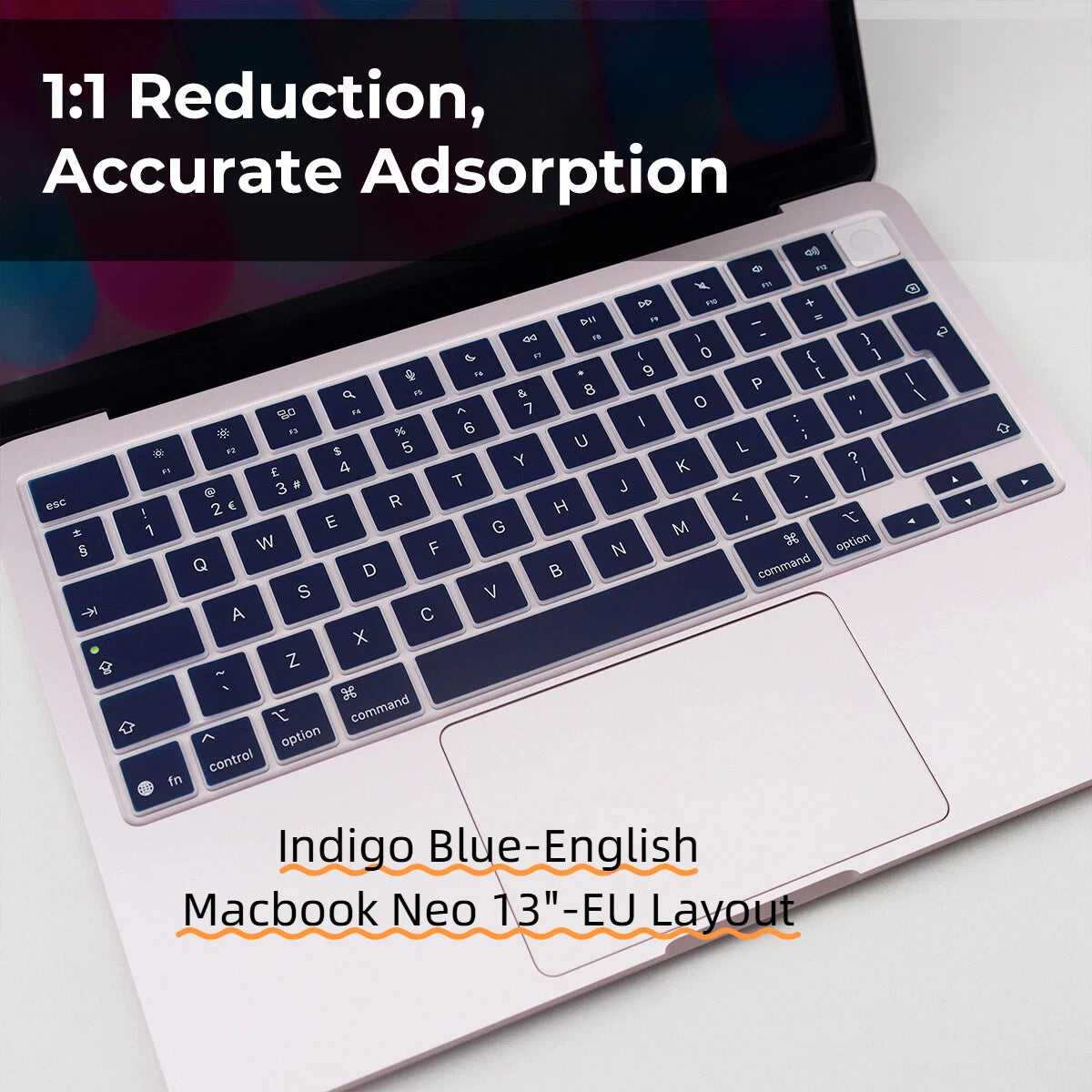 A pink keyboard cover for a MacBook Neo 13 in EU layout with a blue-english layout.