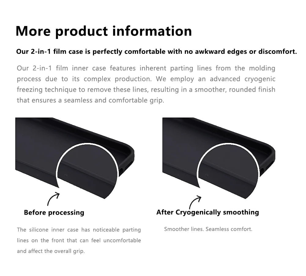 A comparison showing a black phone case before and after cryogenic smoothing to remove parting lines.
