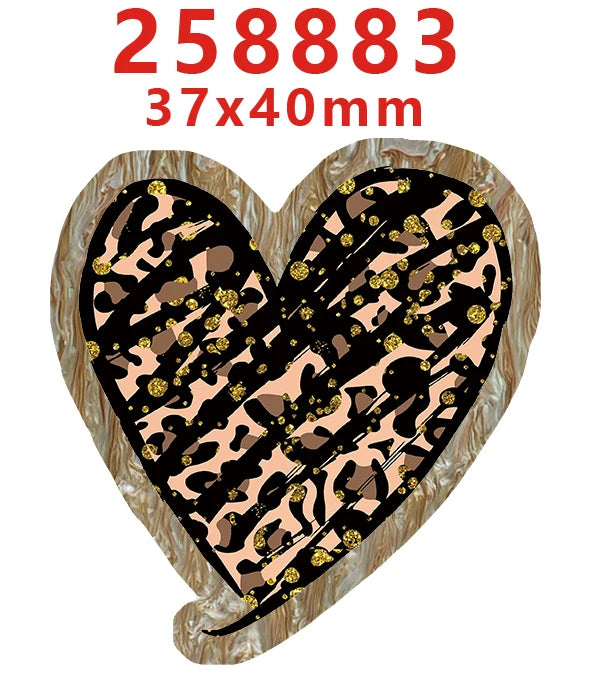 A heart-shaped acrylic hairbow with a leopard print design and the number 258883 printed on it.