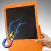 An orange wall mount magnetic document file holder displaying electrical lightning bolt graphics on its screen.