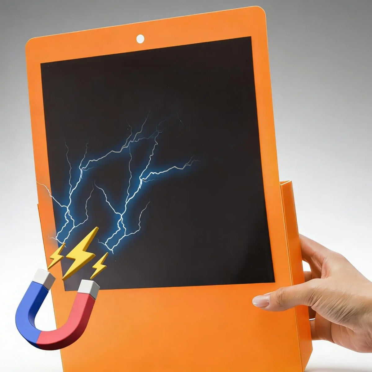 An orange wall mount magnetic document file holder displaying electrical lightning bolt graphics on its screen.